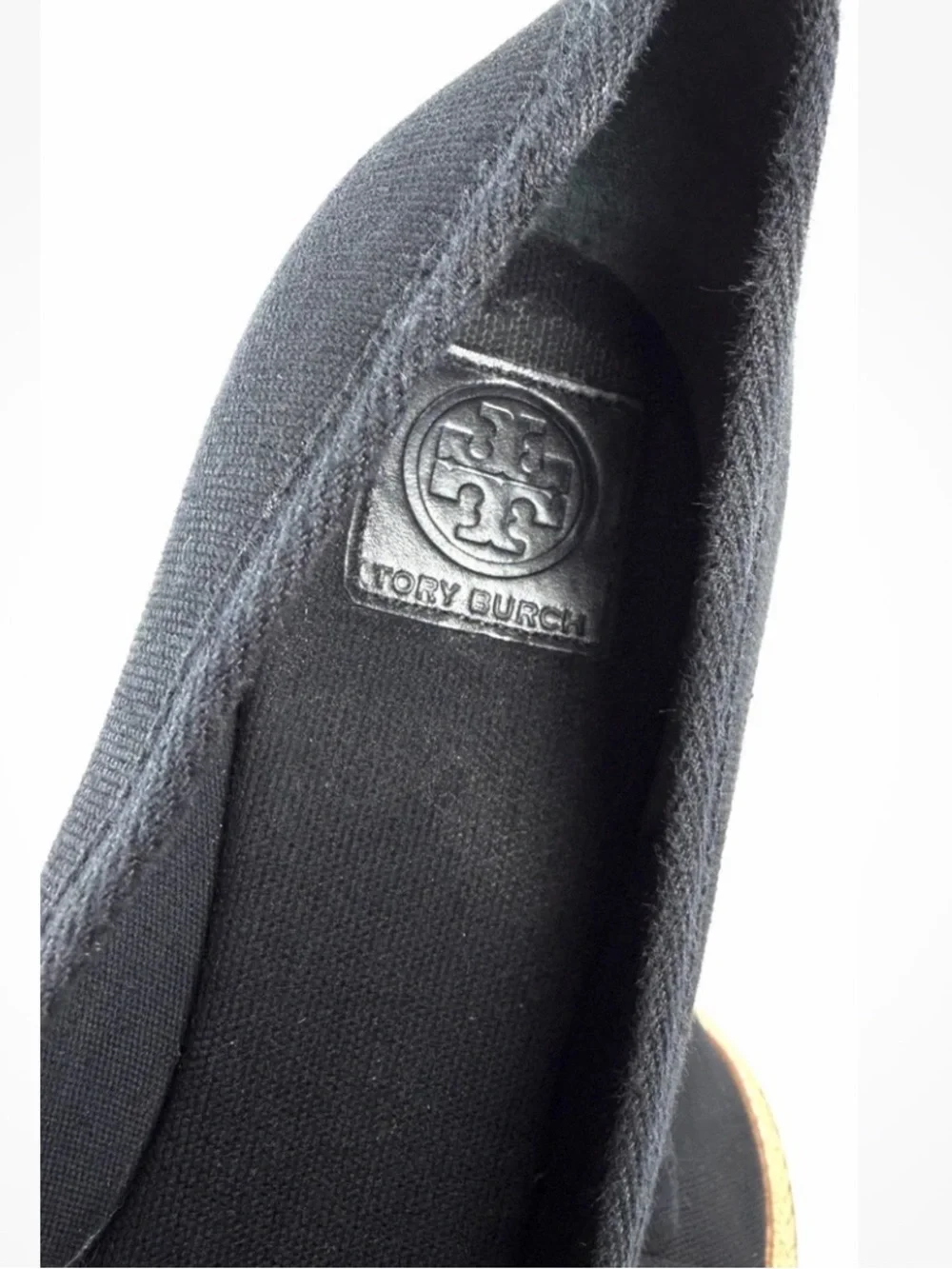 Tory Burch Jackie Espadrille Wedge Pumps Black Canvas Peep Toe Bow Size 8